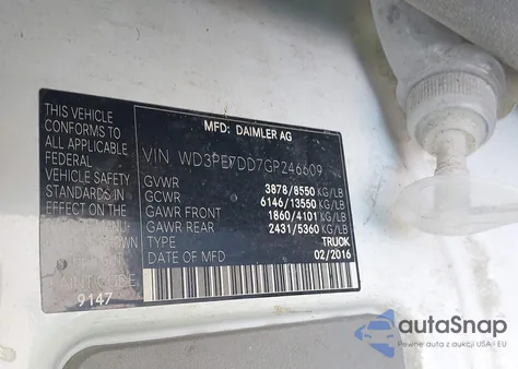 2016 Mercedes-Benz Sprinter 2500 Normal Roof z USA, uszkodzony, nr VIN WD3PE7DD7GP246609